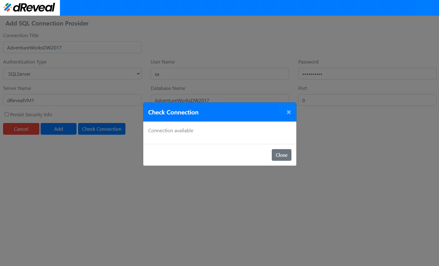 available sql connection dreveal lite